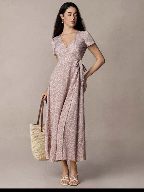 SHEIN Dresses & Skirts - Women Dusty Rose Ditsy White Floral Wrap V-neck Flowy Maxi Dress Sz Extra Small